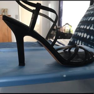 Strappey black formal stilettos; size 9